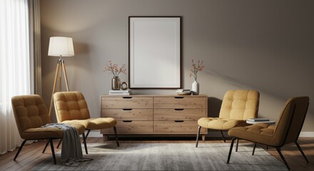 Fototapeta premium Realistic Interior Room with Yellow Chairs and Wooden Furnitures