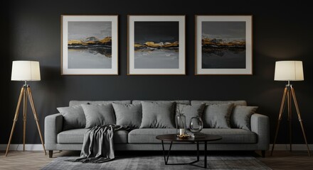 Realistic Interior With Gray Sofa Lamps And Abstract Artwork Design