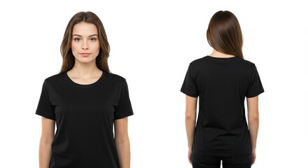 Realistic Photo of Woman in Black T-Shirt Front and Back View