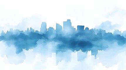 City skyline depicted in a blue watercolor style.