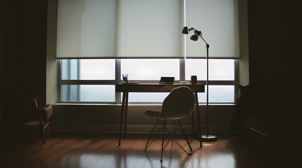 Minimalist workspace with chair and desk, neutral tones and natural light. Simplicity and focus in a clean, uncluttered environment.