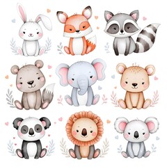 Whimsical Woodland & Safari Animals Clipart Bundle &ndash; 9 Cute Watercolor Creatures with Floral Accents 
