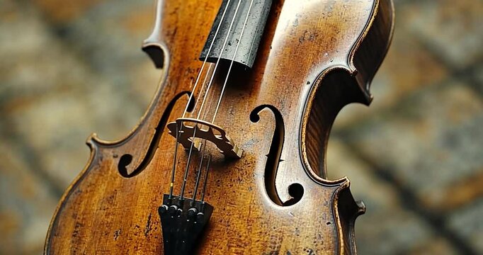 Close-up shot of a weathered, antique stringed instrument with natural wood grain, showing details in a dim environment