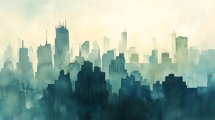 Cityscape watercolor illustration with muted tones.