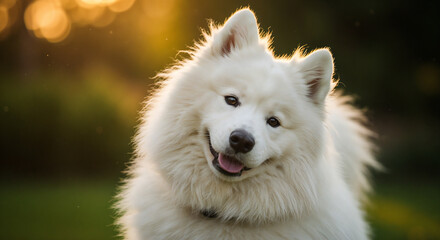 Happy Samoyed Dog White Fluffy Portrait Sunlight Outdoor Golden Bokeh