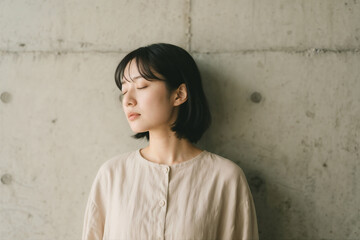 Asian Woman Serene Eyes Closed Portrait Peaceful Minimalist Concrete Natural Light Calm