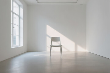 Fototapeta premium Minimalist White Room Chair Sunlight Shadow Solitude Modern Art Gallery Clean