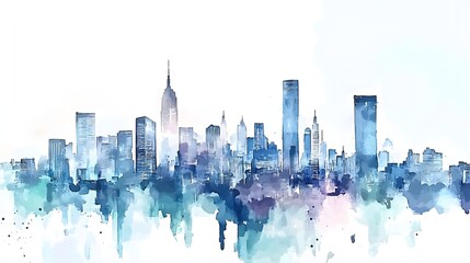 Watercolor cityscape drawing of a major city skyline.