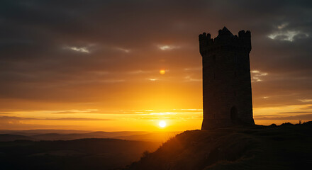 Obraz premium Tower Silhouette Against Vibrant Sunset Sky Over Rolling Landscape