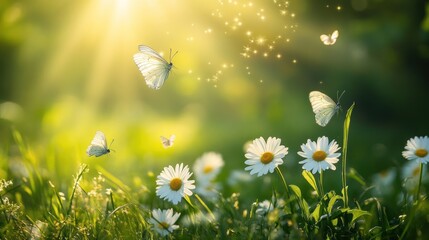 Magical Summer Meadow: Butterflies Dance Among Daisies in Golden Sunlight