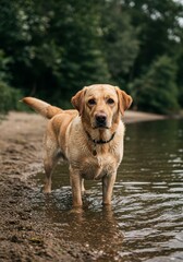 Wet Golden Labrador Retriever Portrait Enjoying Water Nature Photo