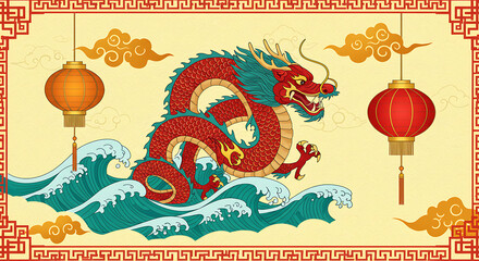 Traditional Chinese Dragon Rising from Waves Festive Illustration