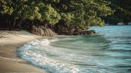 Serene Tropical Beach Scene: Tranquil Waters Lapping a Sandy Shore, Lush Green Foliage