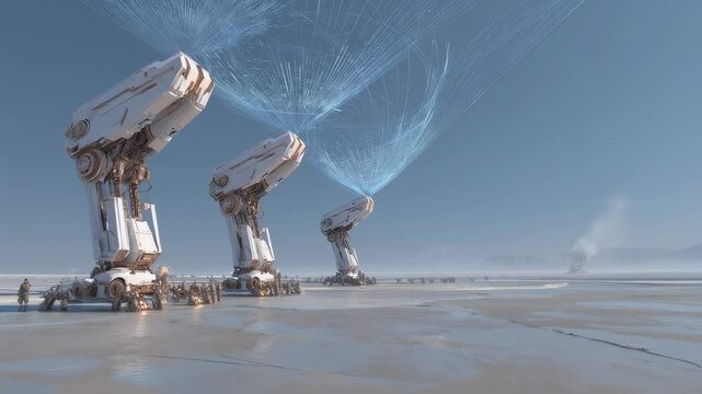 Synchronized robotic rammers using sonic waves compacting lunar dust, creating ripple patterns across moonscape for future space construction and exploration
