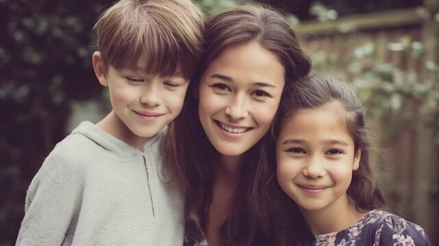 Warm portrait of a young woman smiling with a young boy and girl outdoors in natural setting, hugging and looking friendly. - Powered by Adobe