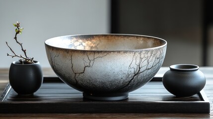 Elegant Craquelure Ceramic Bowl with Small Plants