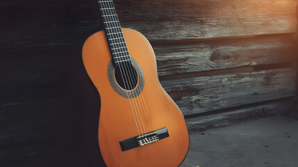 Obraz premium Acoustic guitar by a wooden wall, evoking warmth and simplicity