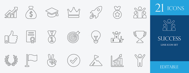 Success line icon set featuring achievement, award, prize, winner, certificate, star, growth, leadership, goal, teamwork, business, vector illustration