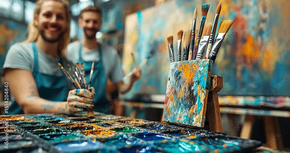 Poster an artist is creating a painting with brushes and paints. the title and keywords are generated based