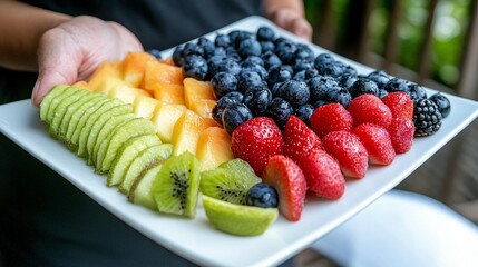 Freshly cut fruit platter featuring various colorful slices.  A selection of blueberries, strawberries, kiwi, and cantaloupe
