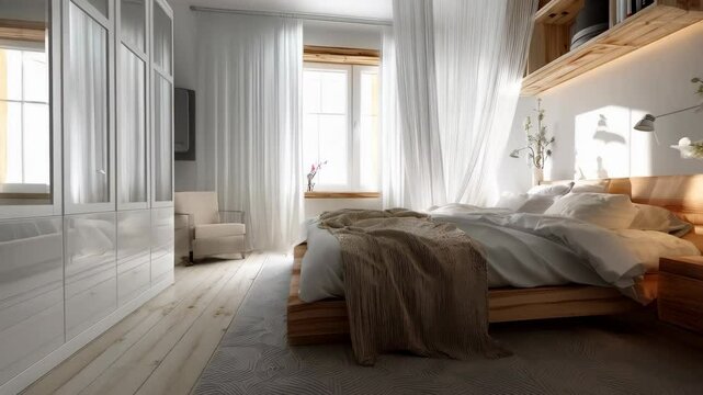 Bright airy bedroom interior with light wood bed frame, white linens and transparent curtains creating cozy atmosphere, interior design of comfortable room
