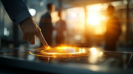 Hand interacting with a futuristic touch screen display in a modern office setting.  A glowing circular interface element is activated