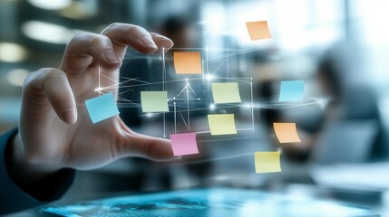 Hand interacting with a holographic network of sticky notes, representing project management or collaborative brainstorming