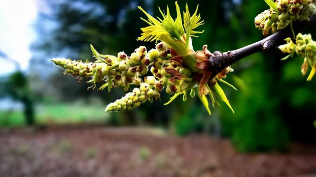 Detail of fresh green buds and new leaves growing on a tree branch in springtime with blurred greenery background in horizontal format