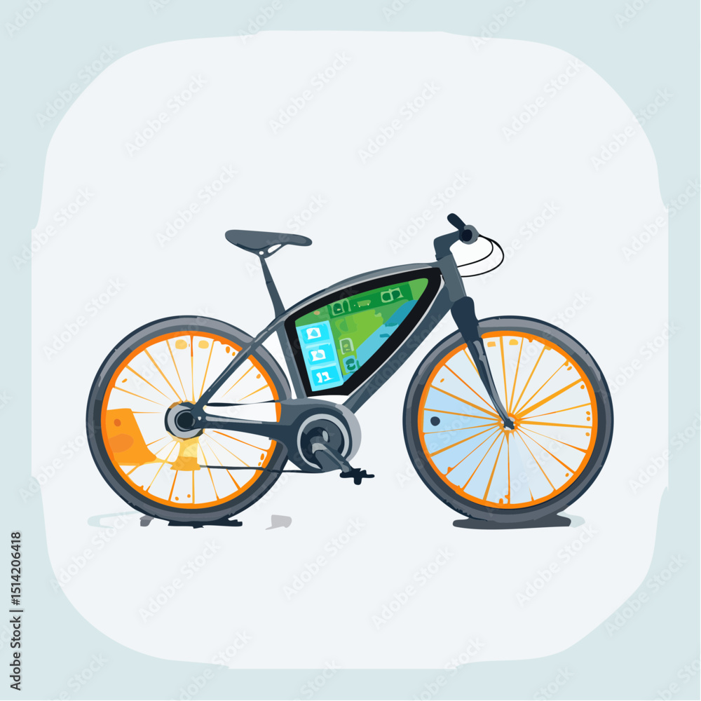 Poster smart bicycle with embedded display screen and futuristic frame.