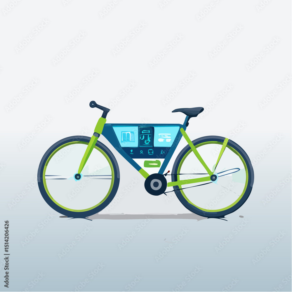 Poster smart bicycle with embedded display screen and futuristic frame.