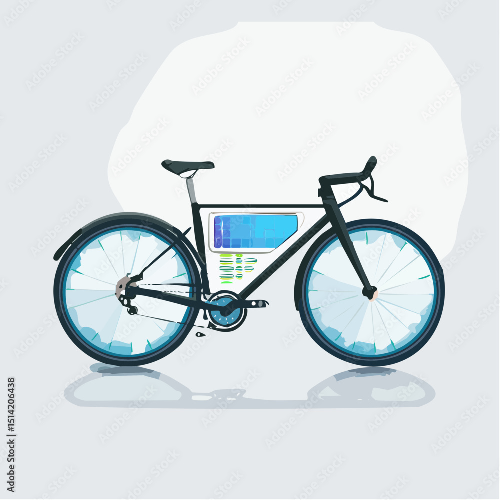 Poster smart bicycle with embedded display screen and futuristic frame.