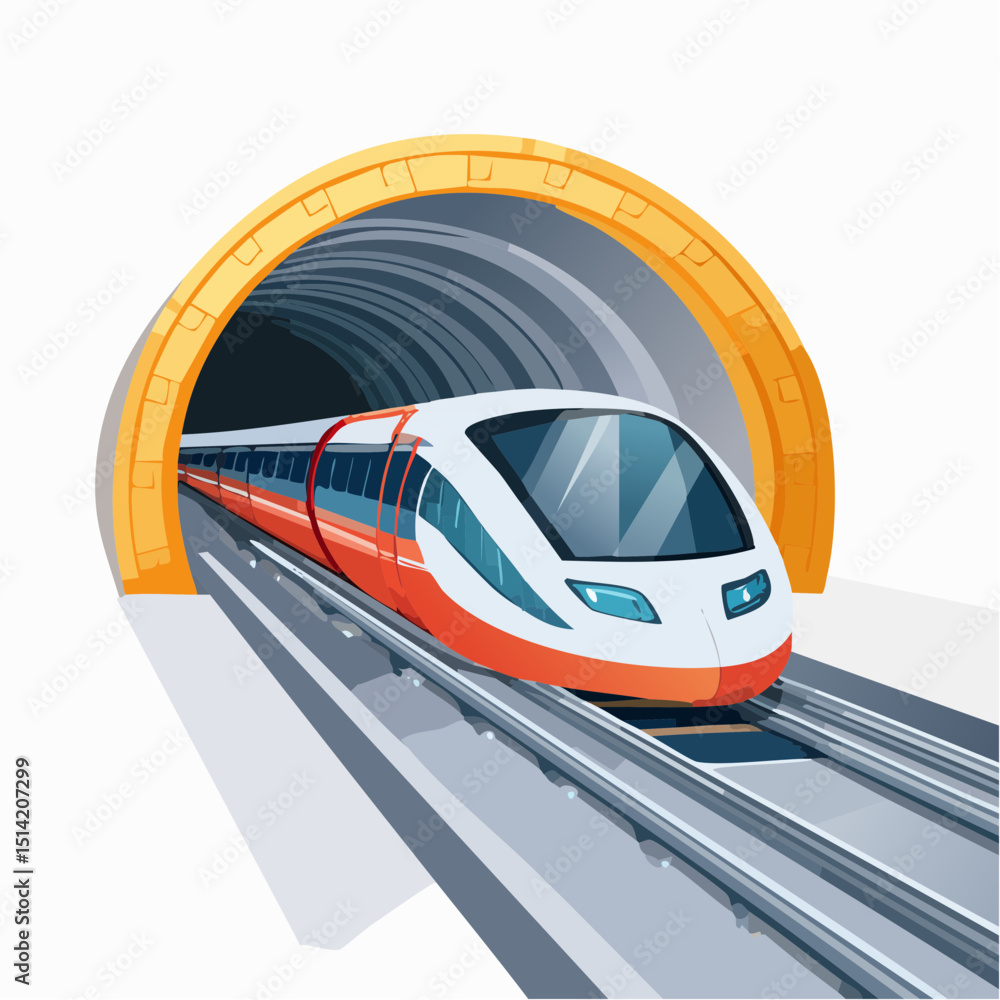 Poster maglev train moving through tunnel with magnetic track and streamlined look.