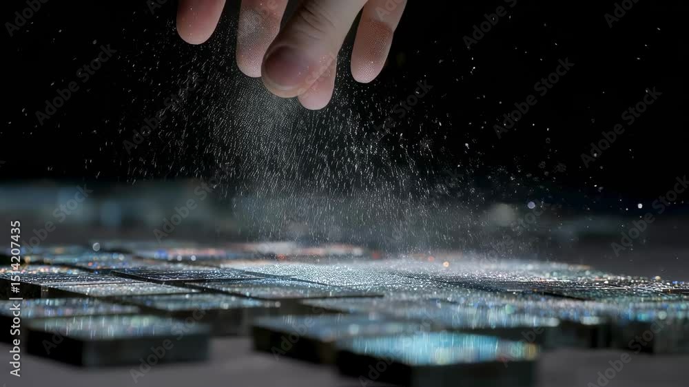 Poster skilled engineer sprinkling smart dust onto programmable tiles, generating self assembling sparks an