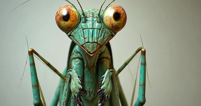 Close-up of a mantis with green and brown colors looking straight, insect eyes and green exoskeleton, with a shallow depth of field, on a blurred background, lit by a soft light