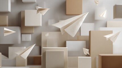 Abstract corporate office concept with floating paper airplanes and geometric cubes in neutral tones, illustrating minimalist high-end business aesthetic and modern workspace design.