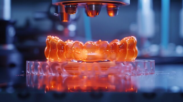3d printed dental crown forming in real time glowing polymer layers bonding high tech dental lab background