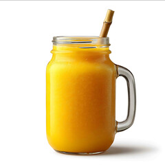 Isolated on white bright orange mango passion smoothie in mason jar with bamboo straw ecofriendly style