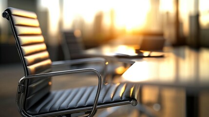 Modern office chair in a bright, sunlit urban setting.  Focus on a sleek, black leather executive chair with a metal frame.  Blurred cityscape and table in the background
