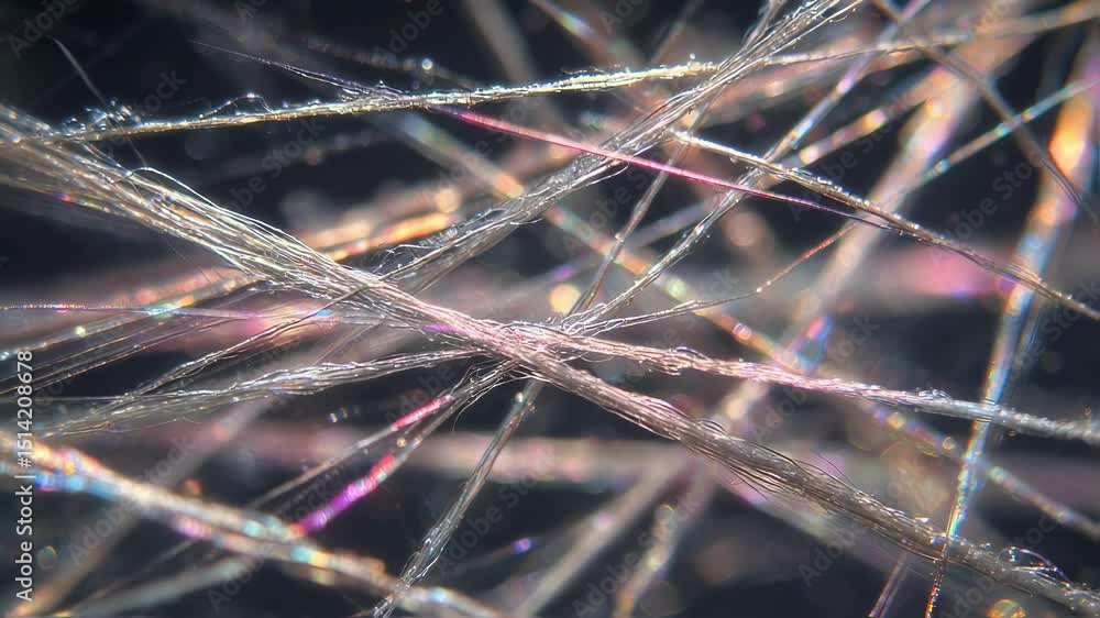 Poster microscopic fibers, illuminated with iridescent light, create a complex and delicate network against