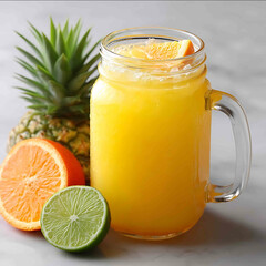 Bright pineapple drink with tropical fruit slices in mason jar