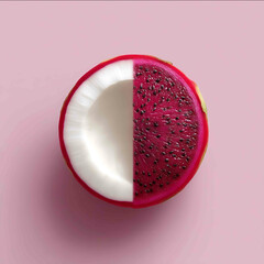 Sliced coconut and dragonfruit minimalist tropical composition