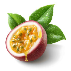 Exotic passionfruit halfcut with seeds and juice isolated