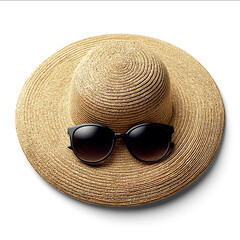 beach hat with sunglasses isolated on pure white summer essential accessories