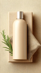 Soft beige pastel background cosmetic bottle mockup with kraft paper boxes and fabric textures decorated with rosemary leaves