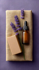 Pastel background organic skincare packaging glass dropper bottles and kraft boxes styled with lavender sprigs and linen fabric