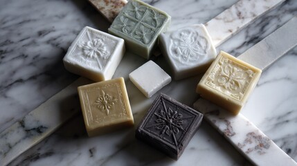Artisan Soaps: A captivating close-up showcases an array of delicately sculpted artisan soaps, each boasting intricate designs and unique hues, arranged artfully on a marble surface.