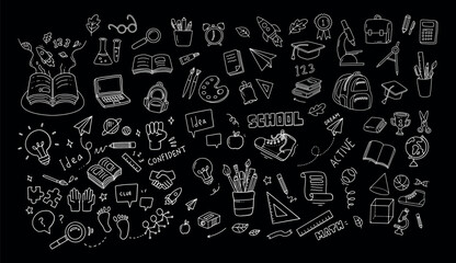 Back to school and education doodle elements. Vector illustration in line with black background