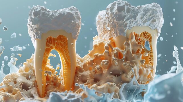 3d rendered visualization of a cross section of a healthy tooth versus a decayed tooth