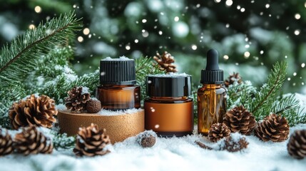 Winter Skincare Collection: Amber Bottles, Pine Cones, and a Snowy Wonderland