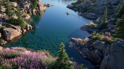 Serene Lake Scene with Kayak and Vibrant Wildflowers in Nature